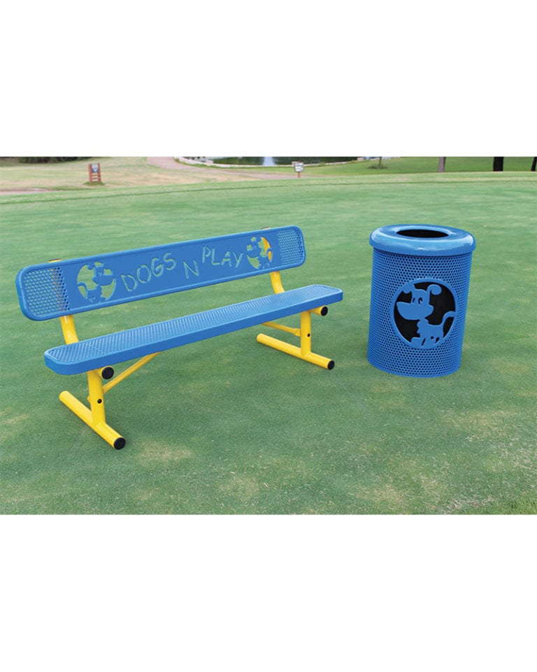 Dog Themed Trash Receptacle With Flattop and Liner Perforated Metal Portable