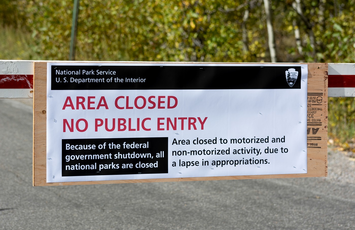 US National Parks closure sign at entrance to the Grand Tetons National Park in Wyoming